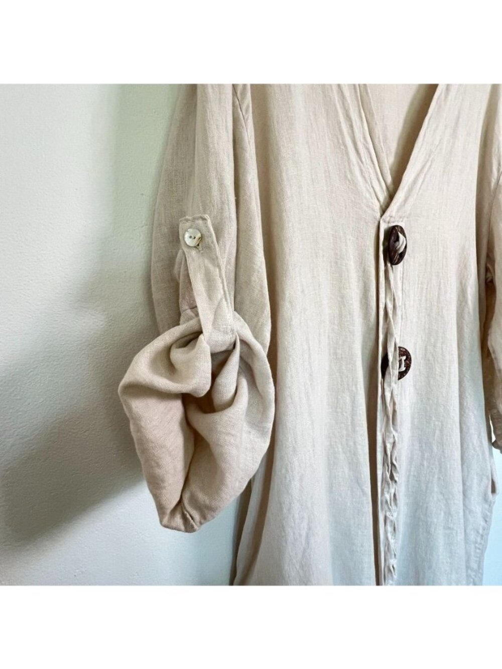 Linen Lagenook Oversized Tunic Dress Beach Cover up Coverup Coconut Button Boho - Picture 5 of 12